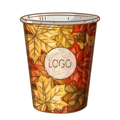 Paper coffee cup with maple leaves over white background. Cartoon coffee cup.