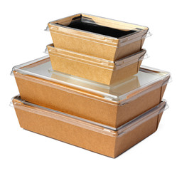 Craft package food box with transparent cover on white background close up