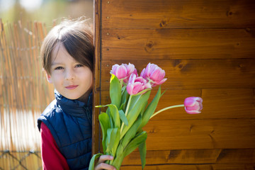 Child, boy holding pink tulips , hiding behind them, mothers day concept