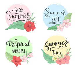 Set of round summer stickers with tropical flowers and palm leaves