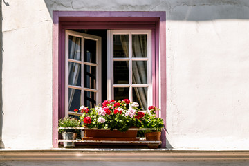 Half open window in the old house decorated with flowers in pots outside. Normandy, France.