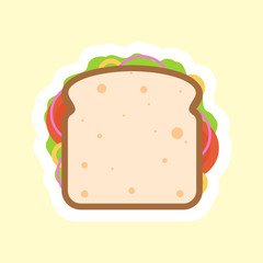 slice of bread with vegetables. breakfast isolated vector simple modern cartoon. one whole cheese sandwich with tomato, lettuce & bacon, sausage flat design style. tasty & Appetizing vegetarian food.