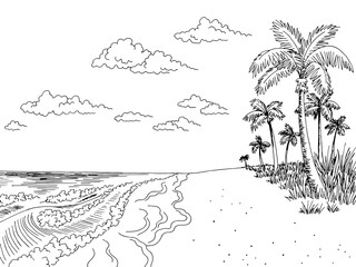 Sea coast graphic beach black white landscape sketch illustration vector