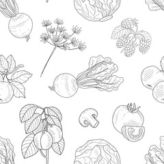 Hand Drawn Vegetables and Plants Seamless Pattern, Farm Products Design Element Can Be Used for Website, Cooking Book, Restaurant Menu, Wrapping Paper Vector Illustration