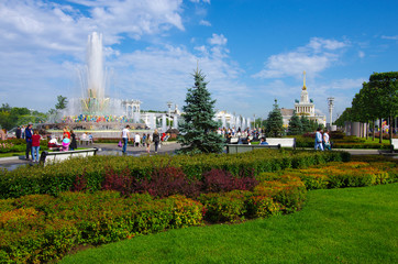MOSCOW, RUSSIA - July, 2019:  Fountain Stone Flower on Exhibition Center in summer day