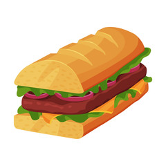 French Sandwich, Loaf with Ham Slices, Cheese and Lettuce, Fast Food Meal Vector Illustration