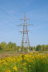 Power line support on an autumn Sunny day