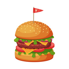 Hamburger with Cheese, Lettuce, Meat Patties and Bun with Sesame Seeds, Fast Food Meal Vector Illustration