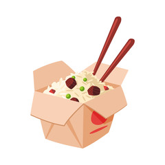 Takeaway Carton Box of Noodles with Meat, Vegetables and Chopsticks, Traditional Asian Fast Food Meal Vector Illustration