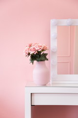 pastel sweet feminine vanity makeup table and pink rose decorating .