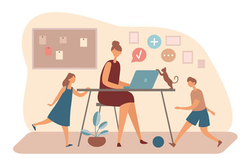 Mother of playing children working remotely from home