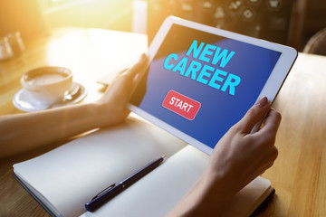 Start new career button on device screen. Recruitment and personal development concept.