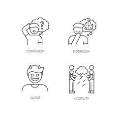 Human attitude pixel perfect linear icons set. Man think in confusion. Person experience nostalgia. Customizable thin line contour symbols. Isolated vector outline illustrations. Editable stroke