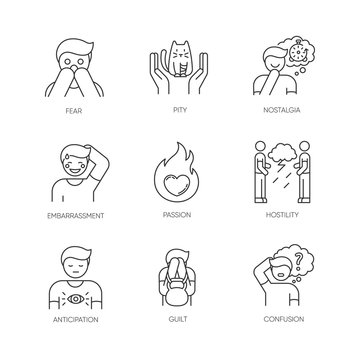 Emotion pixel perfect linear icons set. Fear from phobia. Human feelings. Psychological treatment. Customizable thin line contour symbols. Isolated vector outline illustrations. Editable stroke