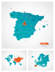 Editable template of map of Spain with marks. Spain on world map and on Europe map.