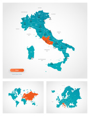 Editable template of map of Italy with marks. Italy on world map and on Europe map.