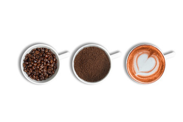 Coffee beans, ground coffee and cup of latte coffee over white or isolated background with copy space for text.