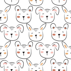 Polar bear cute seamless doodle pattern vector. Childish cartoon background with cheerful animals.