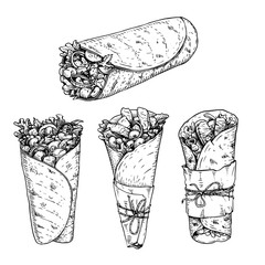Burritos set. Hand drawn sketch style vector illustrations of traditional mexican fast food. Best for restaurant menu, packages and party designs. Retro drawings isolated on white background.