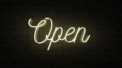 Bright neon yellow sign saying the word Open on a dark brick wall background, indicating a store, shop, pub or restaurant is now open for business sign.