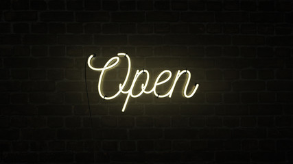 Bright neon yellow sign saying the word Open on a dark brick wall background, indicating a store, shop, pub or restaurant is now open for business sign. - Powered by Adobe