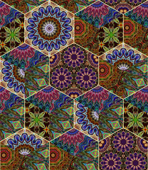 Honey comb tiles background with beautiful ethnic ornament. Prin