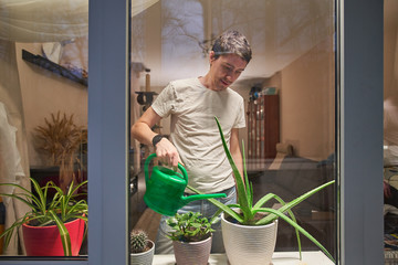 Man stay at home, selfisolation to prevent spread infection.