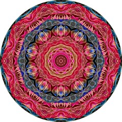 Round ornament with mandala - flower and decorative frame. Plate, carpet, packaging design for round casket in crimson, sapphire, emerald and golden colors.