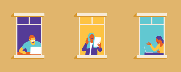 Apartment building with people in open space