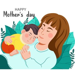A woman sleeps hugging with her baby at night in bed. Conceptual illustration of breastfeeding, safe sleep with the baby, motherhood, care and relaxation. Flat vector illustration
