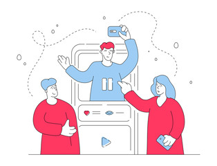 Couple watching vlog on smartphone. Flat line vector illustration