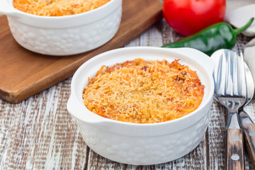 Mac and cheese with mini penne pasta, in baking dish, horizontal
