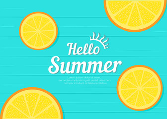 summer background with oranges on the wooden floor.