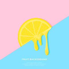 Orange background with juice dripping over blue and pink backgrounds
