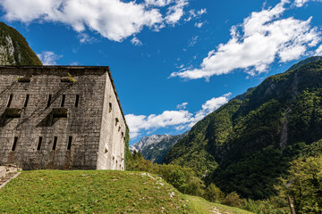 Fototapeta na wymiar Kluze Fortress, of the Austrian empire, First World War. It was built in the Koritnica river valley in northwestern Slovenia in the border protection near the small town of Bovec or Plezzo