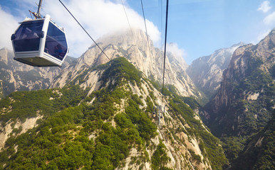 The cable car route to Mount Hua (Hua Shan) seen from gondola, China.