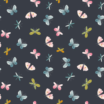 Beautiful seamless pattern with watercolor hand drawn cute butterflies. Stock illustration.