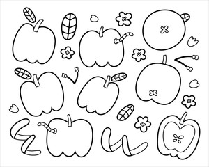 Apple doodles collection, cute apple fruit with leaves, worm, blooming flowers and branches, trendy outline drawing, black and white hand drawn art, isolated vector illustrations on white