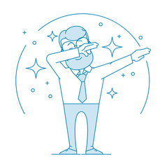 Happy man doing a dub dance move. Character - a man in glasses and with beard. Office worker in a shirt with a tie. Illustration in line art style. Vector