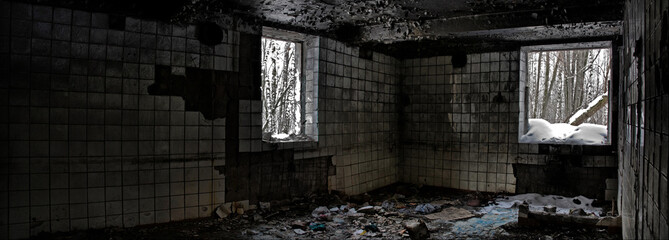 Panorama of a scary room in an abandoned building