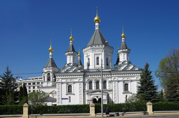 Fototapeta premium MOSCOW, RUSSIA - April, 2019: Church of the Archangel Michael at clinics on Devich'ye field in Khamovniki