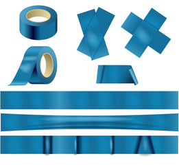 blue duct for industry. Gloss tape roll top and side view. Photorealistic packaging mockup template with sample design.