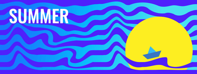 Horizontal summer abstract blue banner. Excited Sea and bright yellow sun. Ship on the waves against the bright circle of the sun.