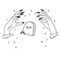 Vector black and white sketch of a witch's hand and a tombstone