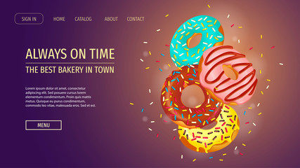 Web page design for Donut Shop, Sweet products, Bakery, Confectionery, Dessert. Set of flying donuts with various topping. Vector illustration for poster, banner, website, commercial, menu, flyer. 
