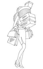 Woman after shopping carry boxes and bags graphic black white isolated sketch illustration vector