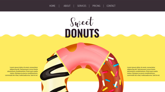 Website design for Donut Shop, Sweet products, Bakery, Confectionery, Dessert. Donut pieces with various toppings. A4 vector illustration for poster, banner, flyer, commercial, website. 