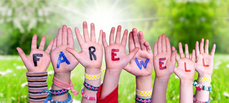 Children Hands Building Colorful Word Farewell. Sunny Green Grass Meadow As Background