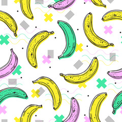 Cotton fabric Bananas trendy hipster seamless pattern. Sketch hand drawn style with abstract geometric memphis element. Fruit background