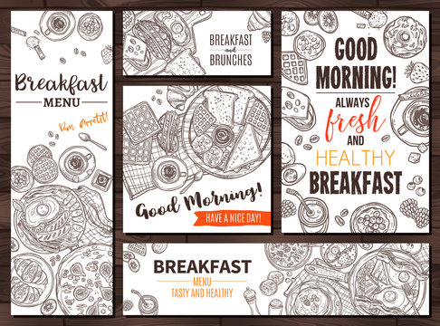 Breakfast, finger food and good morning doodle design. Collection of cards, banners and poster in skeatch hand drawn style for caf&eacute; or restaurant. Vector freehand temlates and layout